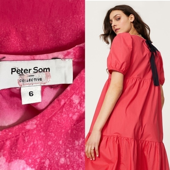 PETER SOM Midi Dress Bleach Splatter Puff Short Sleeve Ruffle Tiered Tie Back 6 - Picture 6 of 9